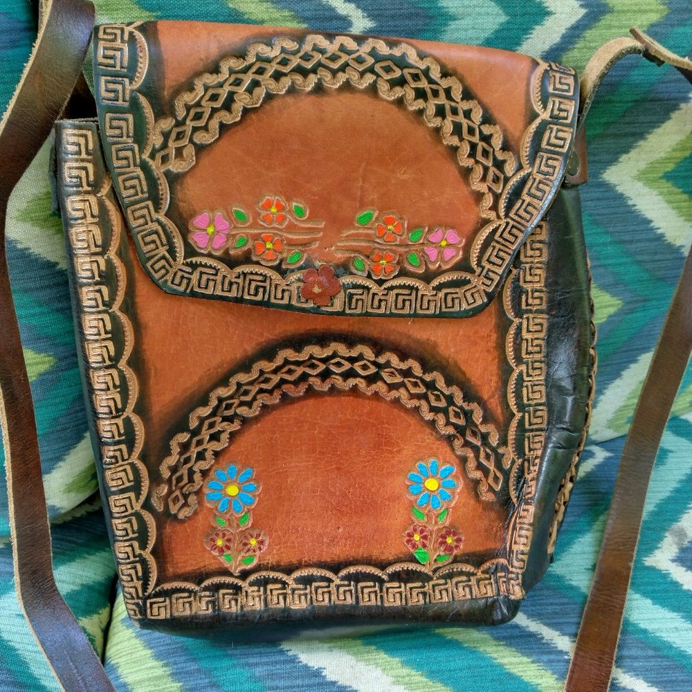 Vintage Leather Hand Tooled and Painted Flowers Crossbody Bag